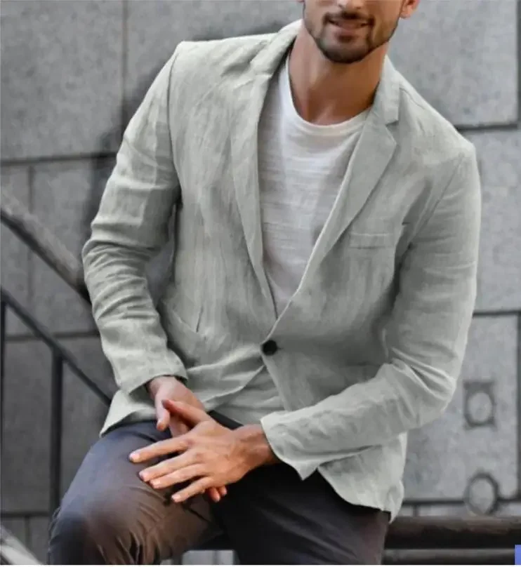 2023 Men's Suit Autumn Cotton Linen Loose Solid Color Thin Regular Casual Suit Coat