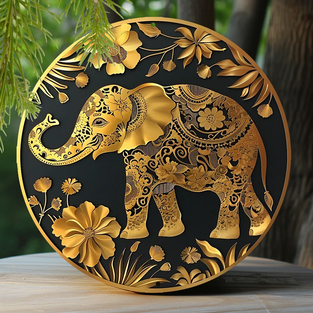 

Metal Sign Faux Foil Stamping Papercut Art Painting Round Wreath Entrance Decor Pet Lover Gifts Indian Elephant Theme Decoration