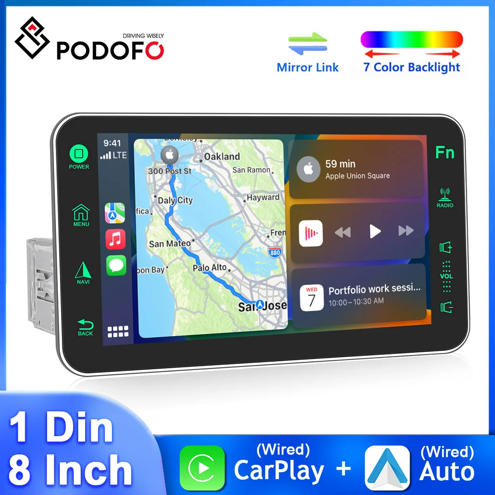 

Автомагнитола Podofo 1Din, 8 дюймов, HD 1080P, 2.5D экран, мультимедийный mp5-плеер, проводной Carplay Android, Автомобильная камера заднего вида, автомобильная стереосистема