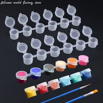Silicone World 12 strisce 6 scatole di pigmenti collegate Scatola di imballaggio di vernice acrilica da 3 ml Lattine di stoccaggio Scatola vuota di plastica trasparente