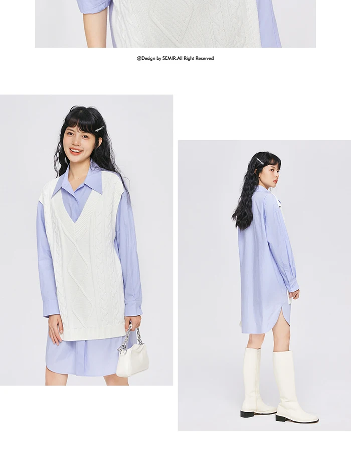 Dress Women Pointed Collar Stitching Fake Two-Piece Split Autumn New Oversize Literary Dress Gentle