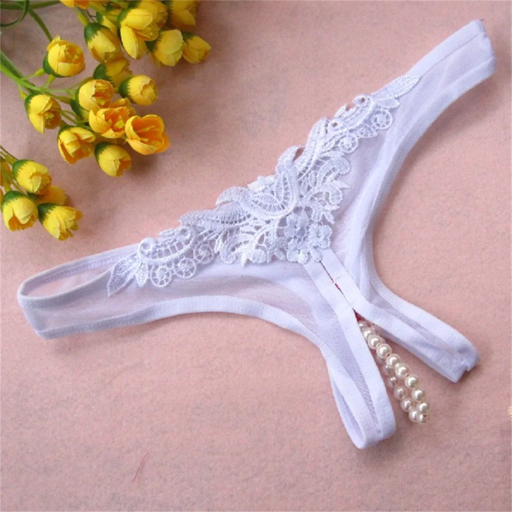 Women Sexy Open Crotch Panties Lace Briefs Underpants Female Lingerie Sexy Underwear Ladies Pearls Crotchless Thong G-String