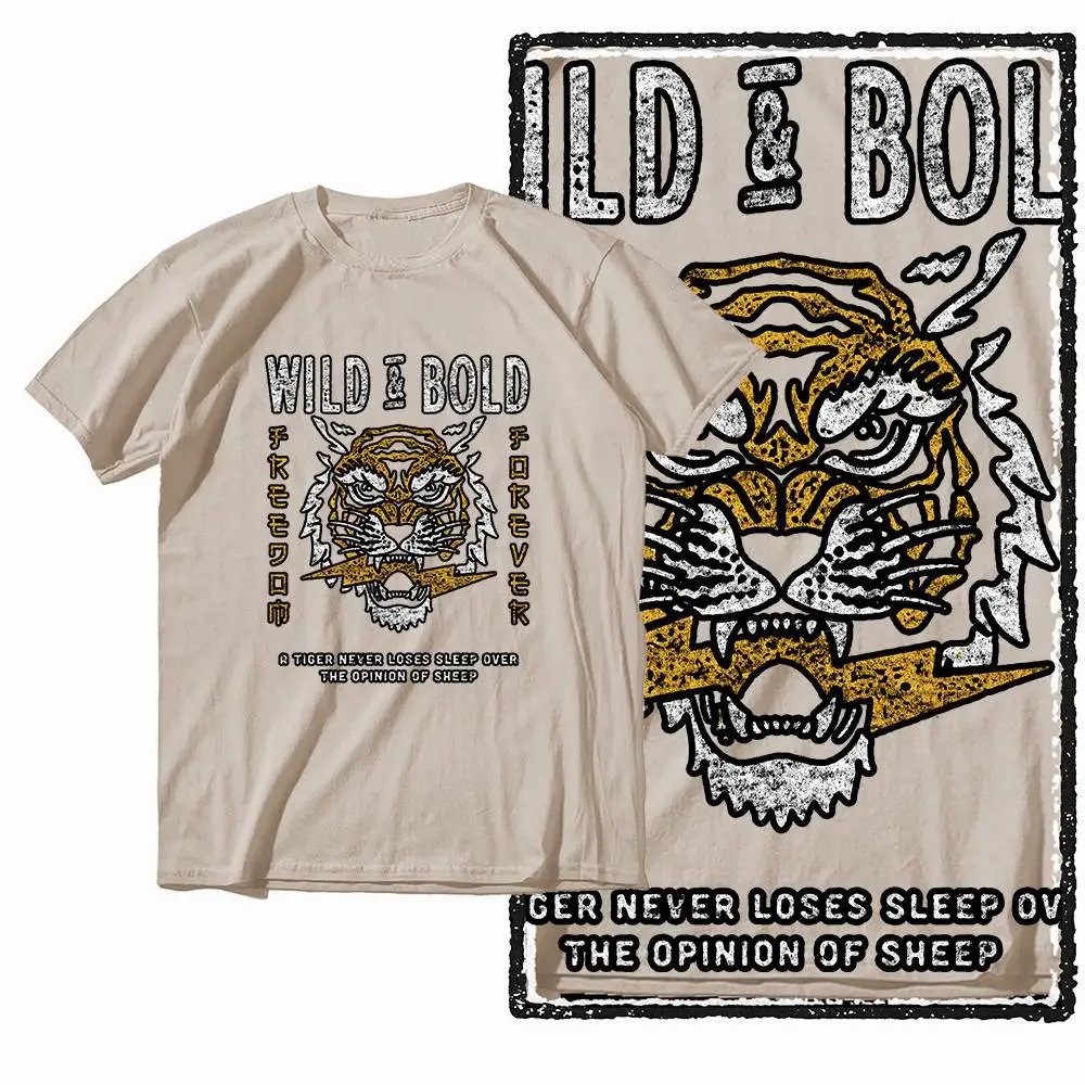 G41 Beige Vintage 100% Cotton Tiger Printed Men's T-shirt | Streetwear Big Size Cool O-neck men's Tee Tshirt