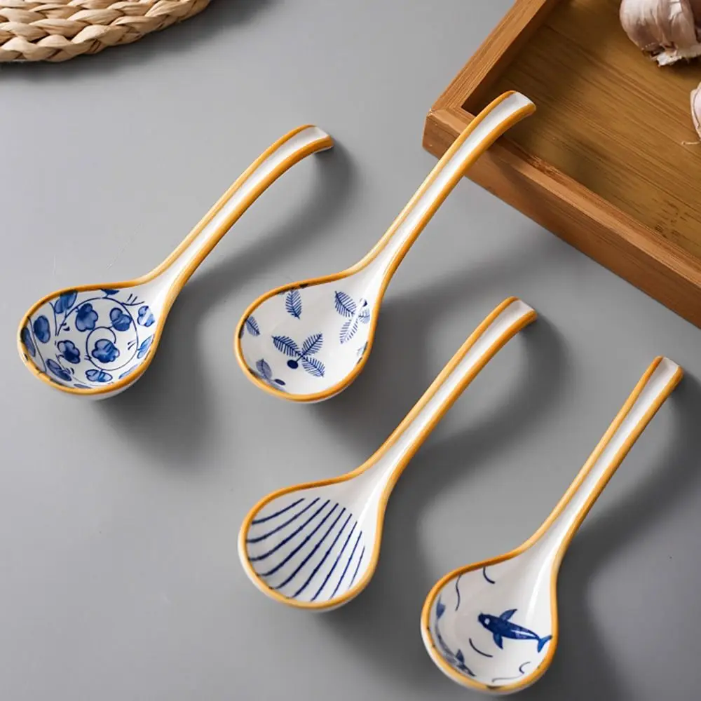 Soup Spoon Japanese Exquisite Blue Pattern Ceramic Soup Spoon Long Handle Spoon Noodle Soup Dumpling Wonton Rice Tableware
