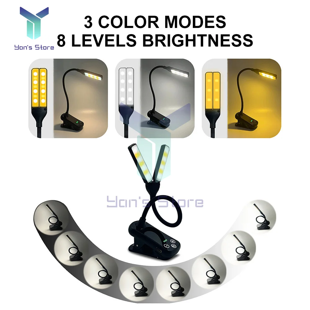 14LED Clip On Book Light 3 Colors 8 Brightness USB Rechargeable Night Light Portable Reading Book Lamp Mini Bedside Lamp