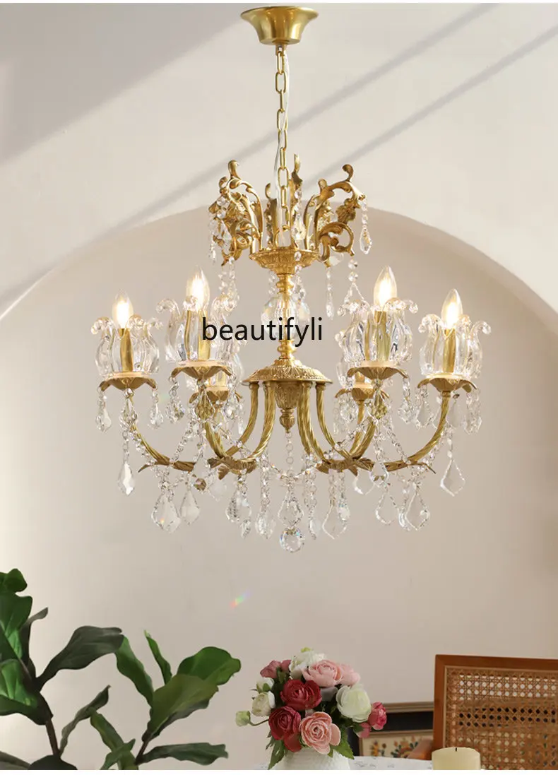 

Light Luxury Crystal Brass Chandelier American Retro Villa Living Room Bedroom Dining Room Lamps