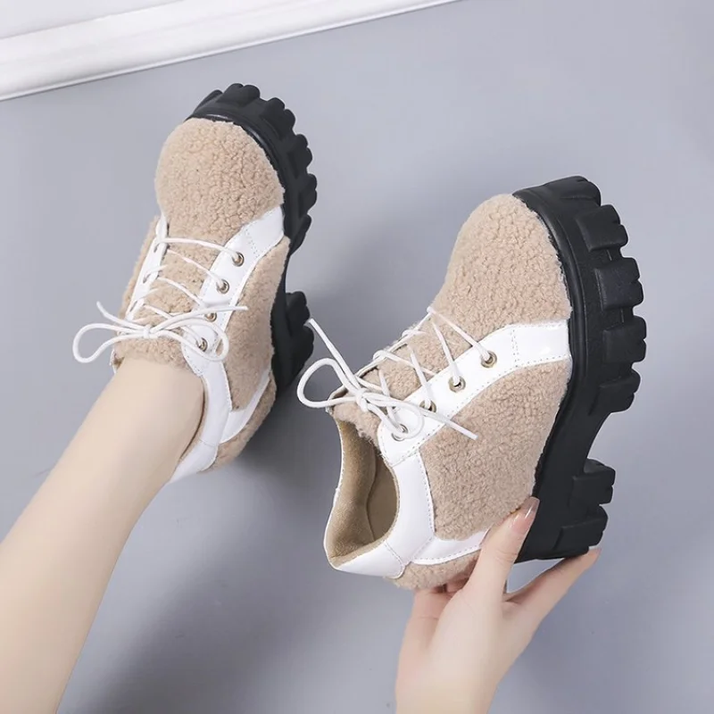 

Women Shoes Autumn Winter Warm Fur Chunky Shoes Women Platform Height Increased Sneakers Lady Thick Sole Wedges 10CM Heels 34-39