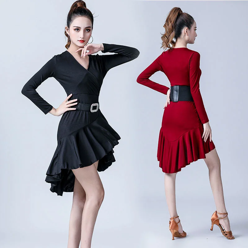 

2022 Newest red/black Latin Dance Dress Summer Short Sleeve Women Training Performance Wear Practice Clothes Ballroom Costumes