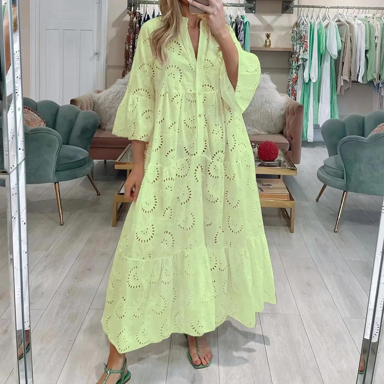 

French V-Neck Bell Sleeve Lace Hollow Solid Color Sexy Long Dress for Women 2023 New Summer Fashion New Women's Elegant Dresses