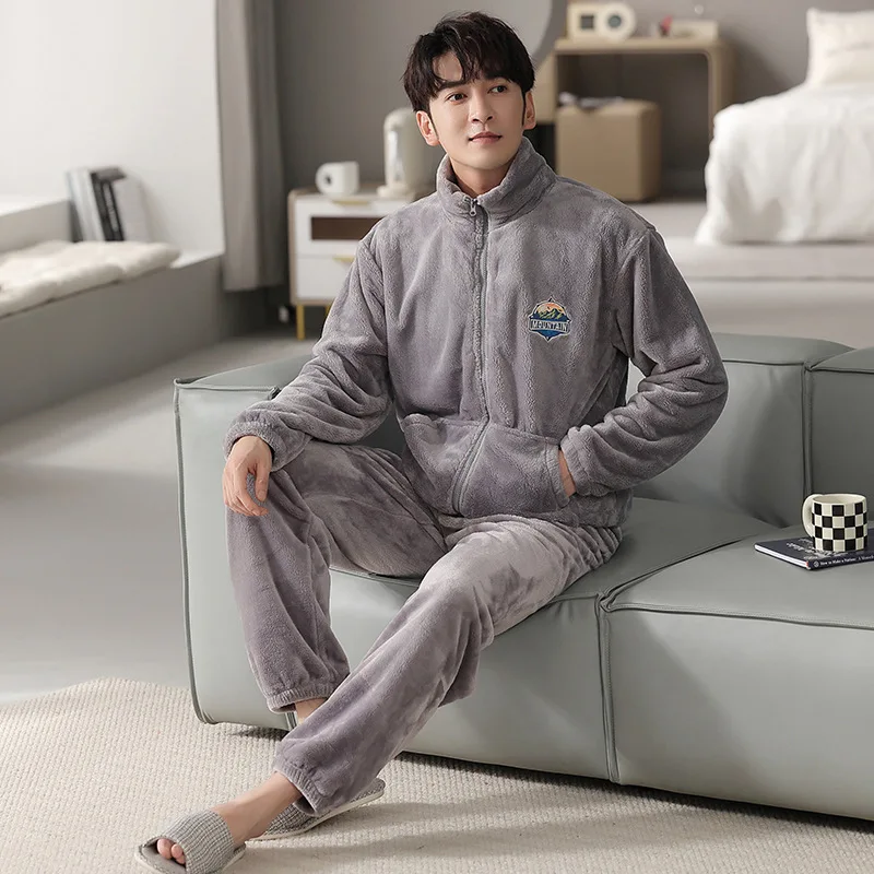 Stand Collar Pajamas Suit For Men Coral Fleece Sleepwear Two Pieces  Shirt&pants Set Winter Warm Home Clothes Lounge Wear - Pajama Sets -  AliExpress