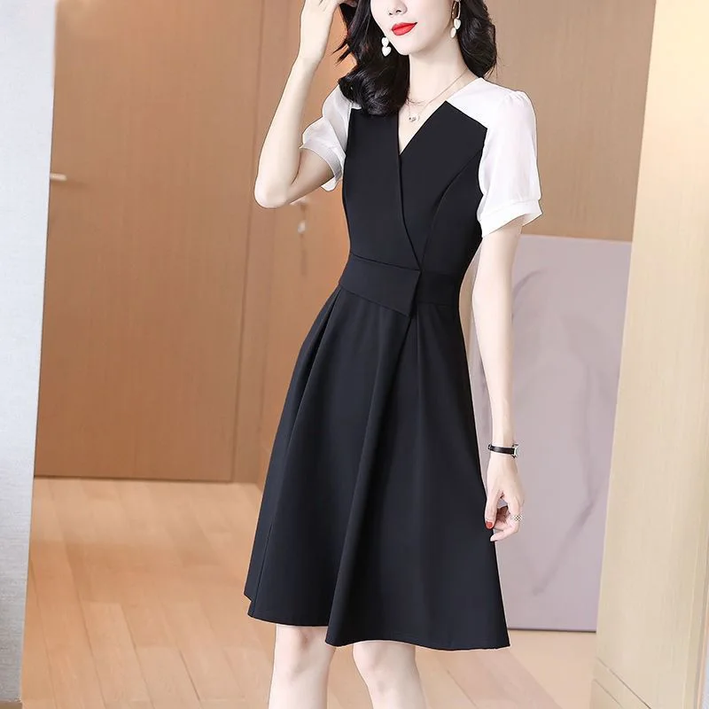 

Fashion V-Neck Spliced Loose Folds Irregular Mini Dress Women's Clothing 2023 Summer New Short Sleeve Office Lady Party Dress