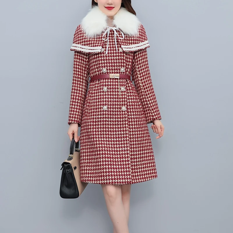 

Winter Coat for Women Houndstooth Sashes Woolen Jackets Fur Collar Loose Elegant Stylish Tweed Korean Fashion Trench Coats