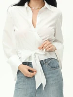 2025 Women Long Sleeve Kimono Shirt Double Breasted Satin Silk Feel Polo Collar Belted Office Chic Spring Autumn Party Blouse - Image 4