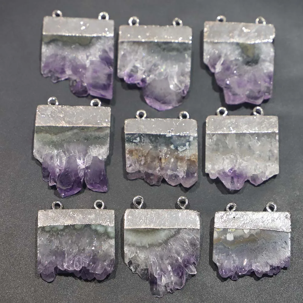 Fashion Natural Stone Uruguay Amethyst Irregular Double Buckle Necklace Pendant Energy Healing Gemstone Chakra Halo Jewelry 4Pcs