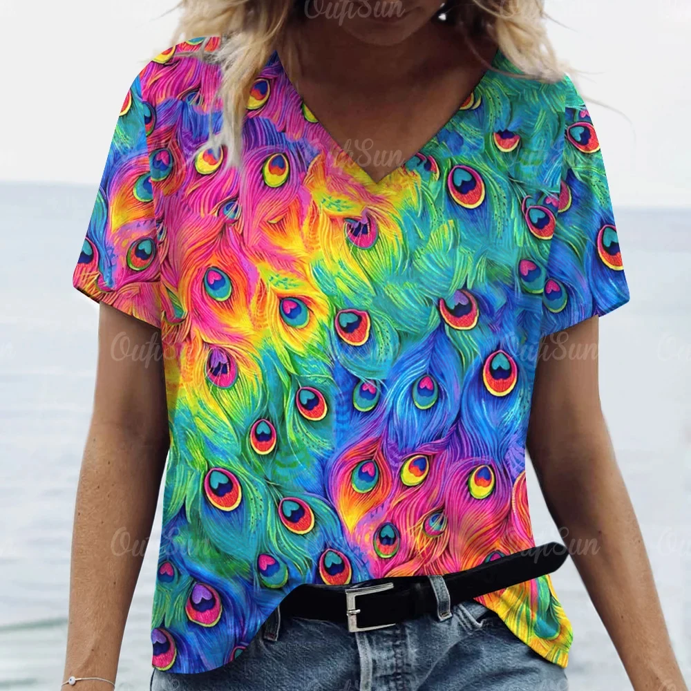 

Новинка лета 2024, женская футболка с объемным принтом животных, женские повседневные трендовые Топы с коротким рукавом и V-образным вырезом, оригинальная картинка