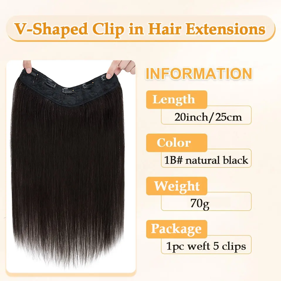 V Shape One Piece Clip In Hair Extensions Human Hair Hairpiece Clip in Seamless Weft Silky Straight For Women