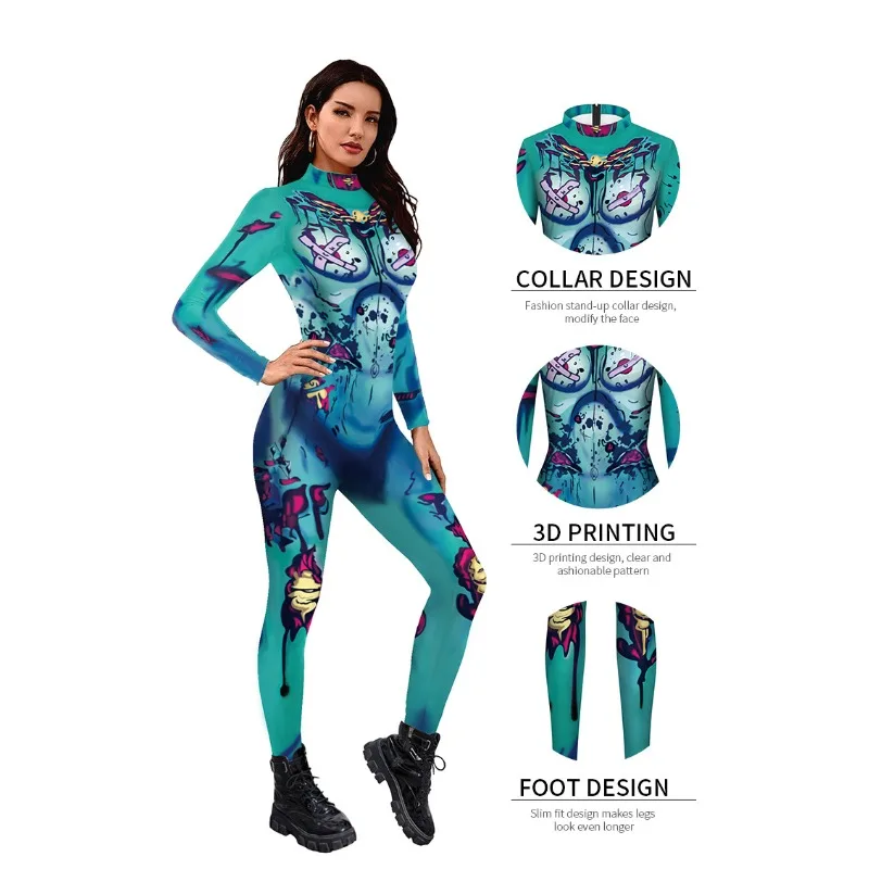 

Woman Halloween Costume Horror Printed Jumpsuit Long Sleeve Fit Women Terrify Cosplay Costume Women Halloween Outfit Ghost
