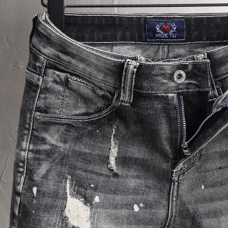 Newly Designer Fashion Men Jeans High Quality Retro Black Gray Elastic Slim Fit Ripped Jeans Men Patched Vintage Denim Pants