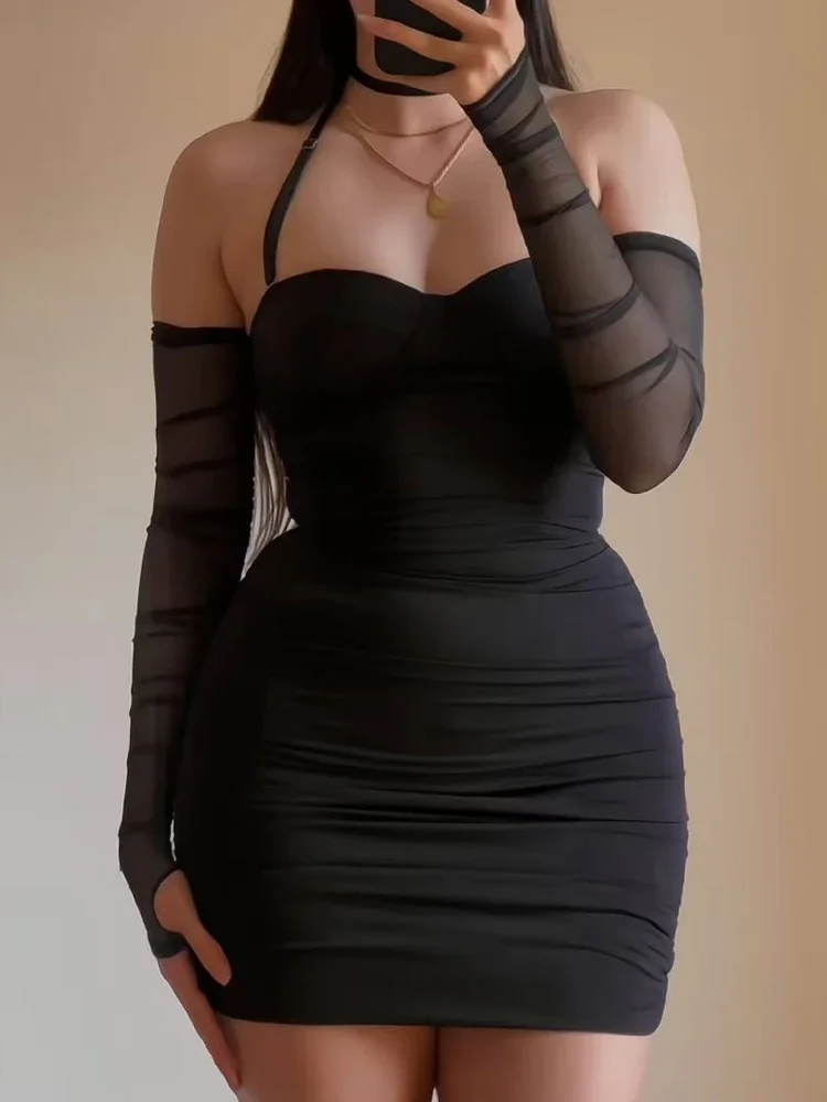 Spring and Summer Sexy Mesh Long-sleeved Women's Neck U-neck Off-the-shoulder Dress Fashion New Sleeveless Slim-fit Halter Skirt