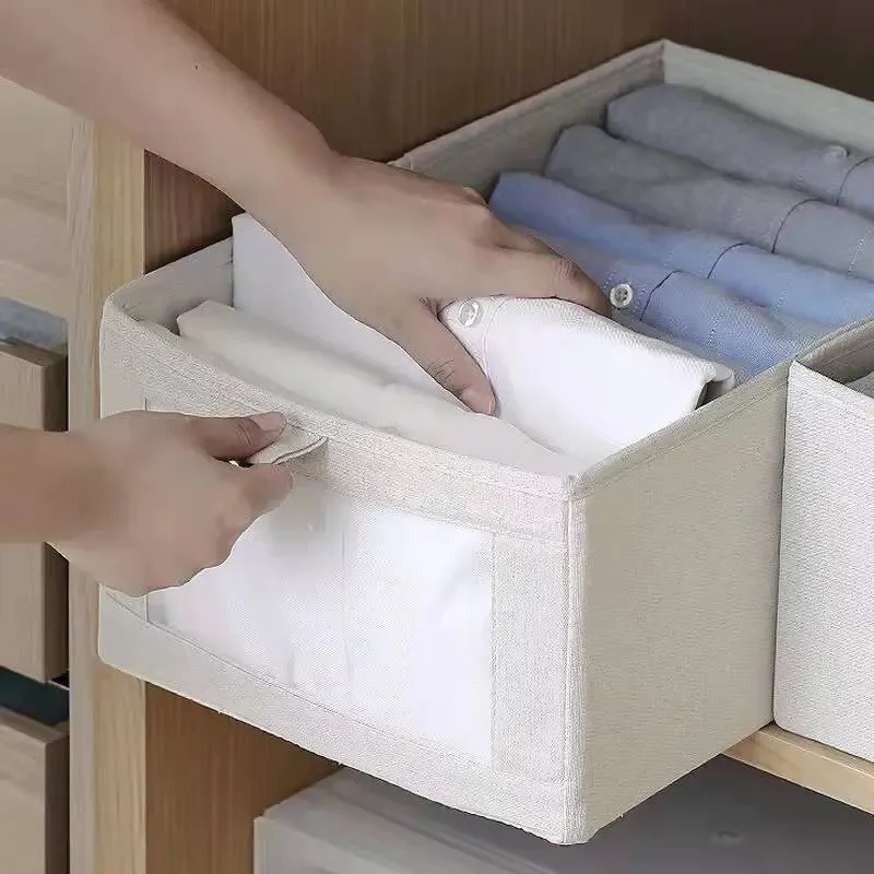Foldable Cotton and Linen Visible Window Closet Clothing Storage Box, Fabric Storage Bin for Toys and Clothes, Closet Organizer, 3