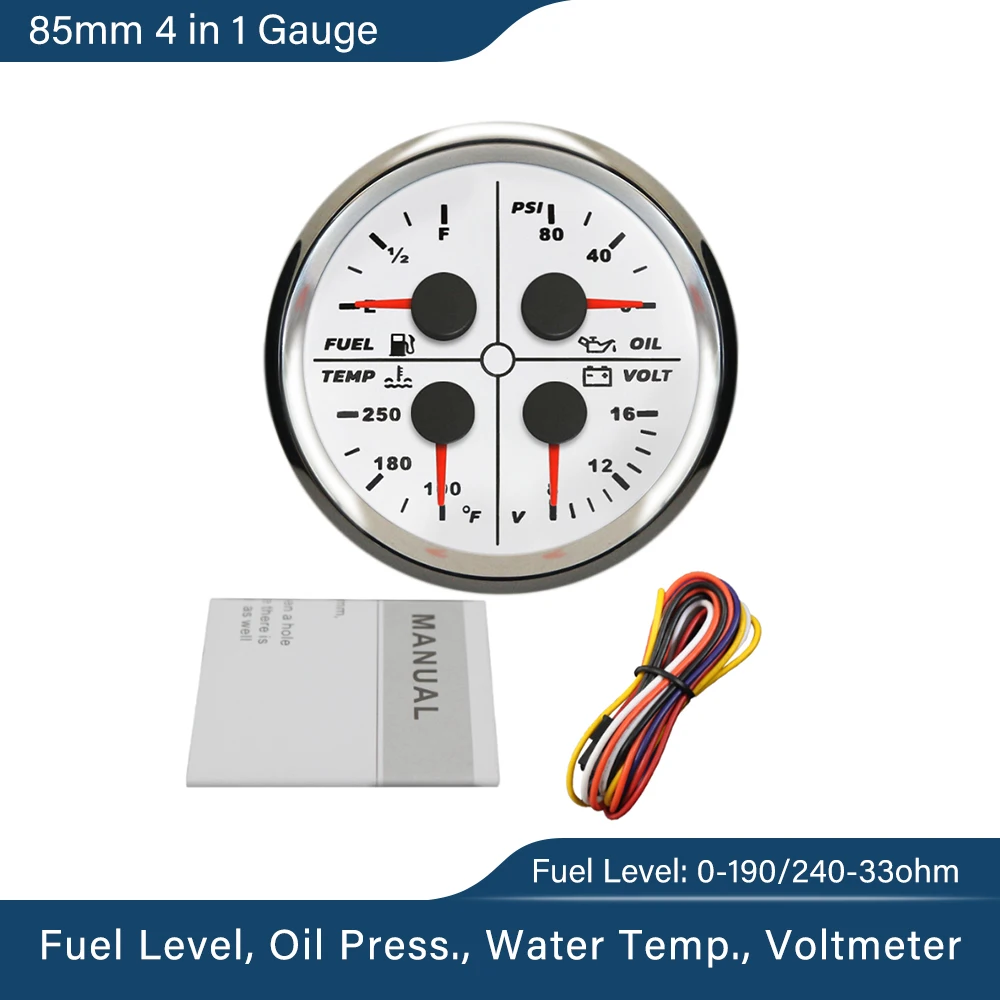 ELING Waterproof 85mm 4 in 1 Gauge Oil Pressure Water Temp Fuel Level Voltmeter For Auto Marine Motor