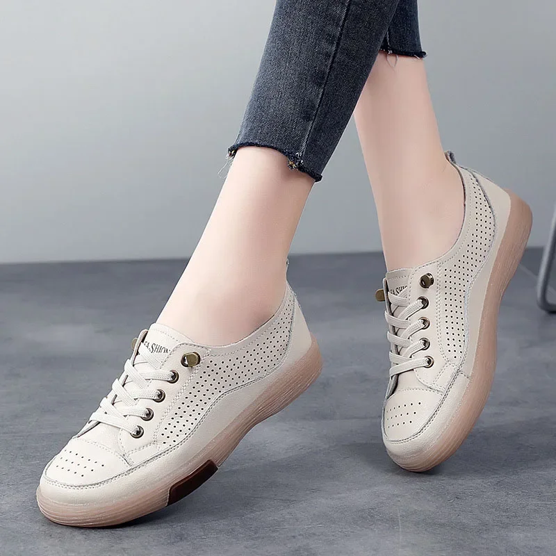 Summer Outdoor Women Jogging Casual Shoes Cow Leather Soft Sole Slip-on Flat Loafers Ladies Sneakers Breathable Walking Trainers