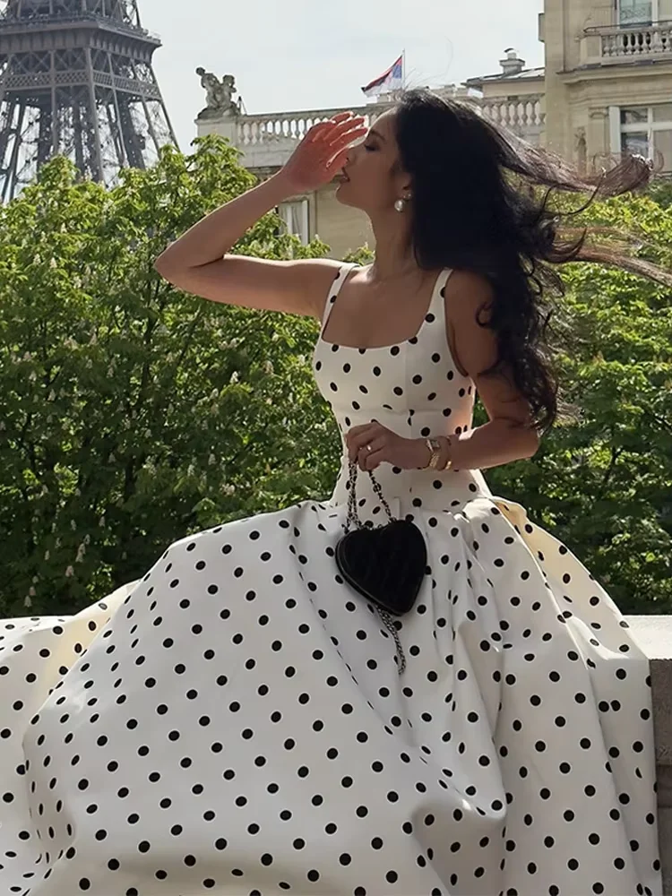 〖kさま専用〗HLT Pin Dot Pleated Long Dress Square Collar Halter Polka Dot Dress Large Skirt Hem Pleated