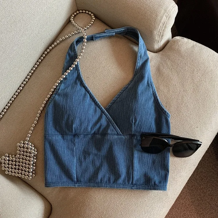 

Thai Style Denim with Chest Pad, Hanging Neck, Small Camisole Vest, Summer Hot Girl Beach Vacation Outfit, Top, Beautiful Back