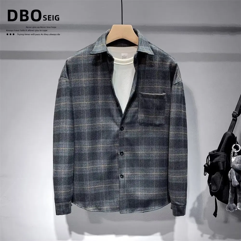 Y2K Coat Outerwear Plaid Shirt  Chic Loose Male Clothes Single Breasted Harajuku Jackets Shirts For Men Clothing Korean Style