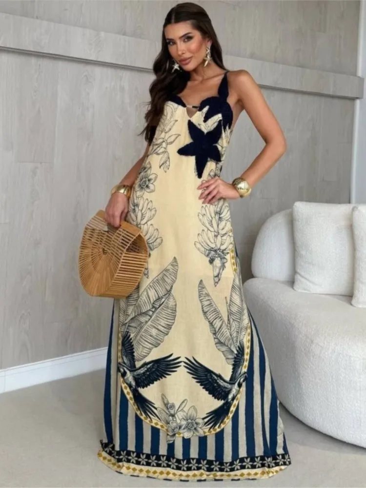 Summer Cover Ups Women Swimsuit Spaghetti Strap Sleeveless Robes Bathing Suit 2025 New Print Beach Holiday Maxi Dresses Cover-Up 1