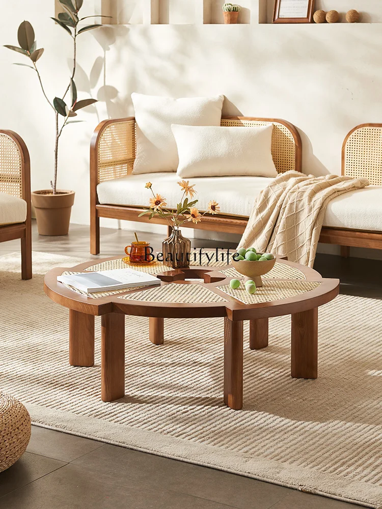 

Nordic Modern Minimalist Rattan round Coffee Table Japanese round Solid Wood Creative round Tea Table Retro Chic Silent Style