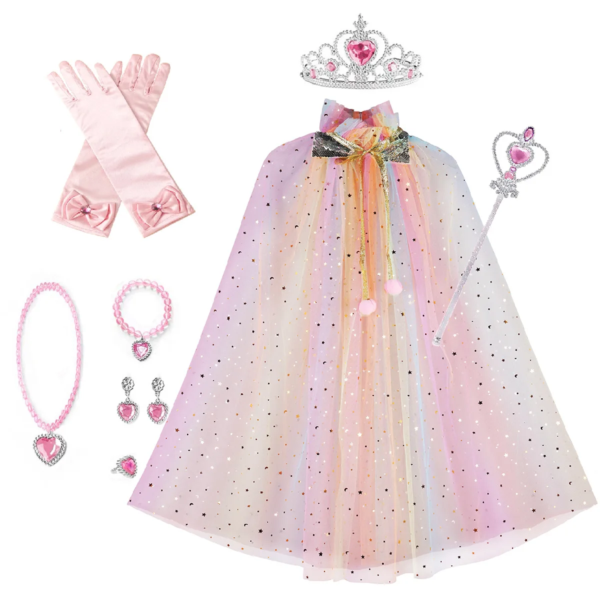Girl Princess Accessory 7pcs Cloak+Gloves+Necklace Set Sequins Cape Baby Girl Birthday Party Aurora Belle Cosplay School Show