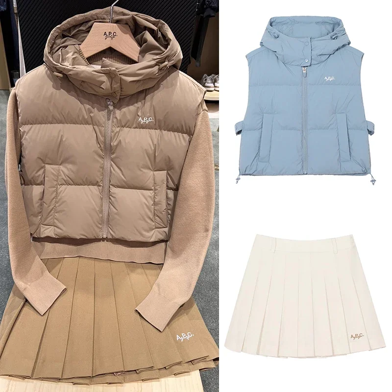 

Women's Golf Korean Apparel Set Hooded Windproof Down Jacket Versatile Vest Slim Fit Pleated Short Skirt