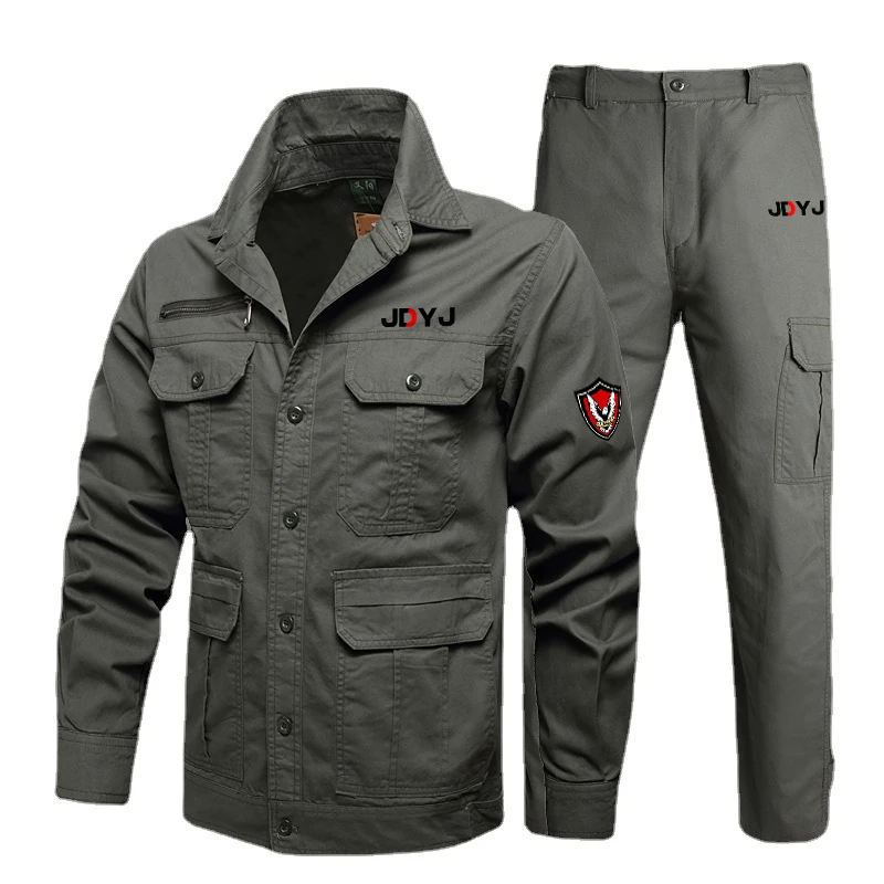 Men's Work Clothes Summer Set Outdoor Camouflage Set Thin Jacket Long Pants Wear resistant Pocket Work