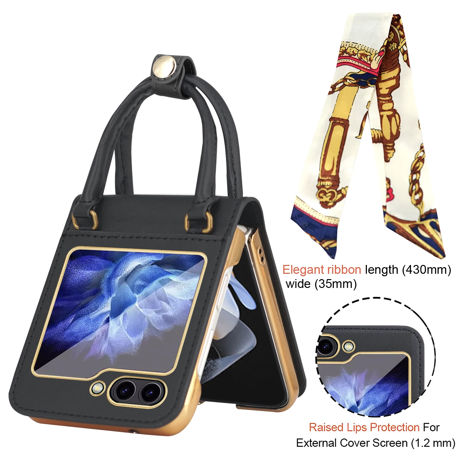 Premium Leather Case for Samsung Galaxy Z Flip 5 4 3 ZFlip5 Hand Grip Elegant Silk Scarf Chain Wrist Strap Handbag Style Cover