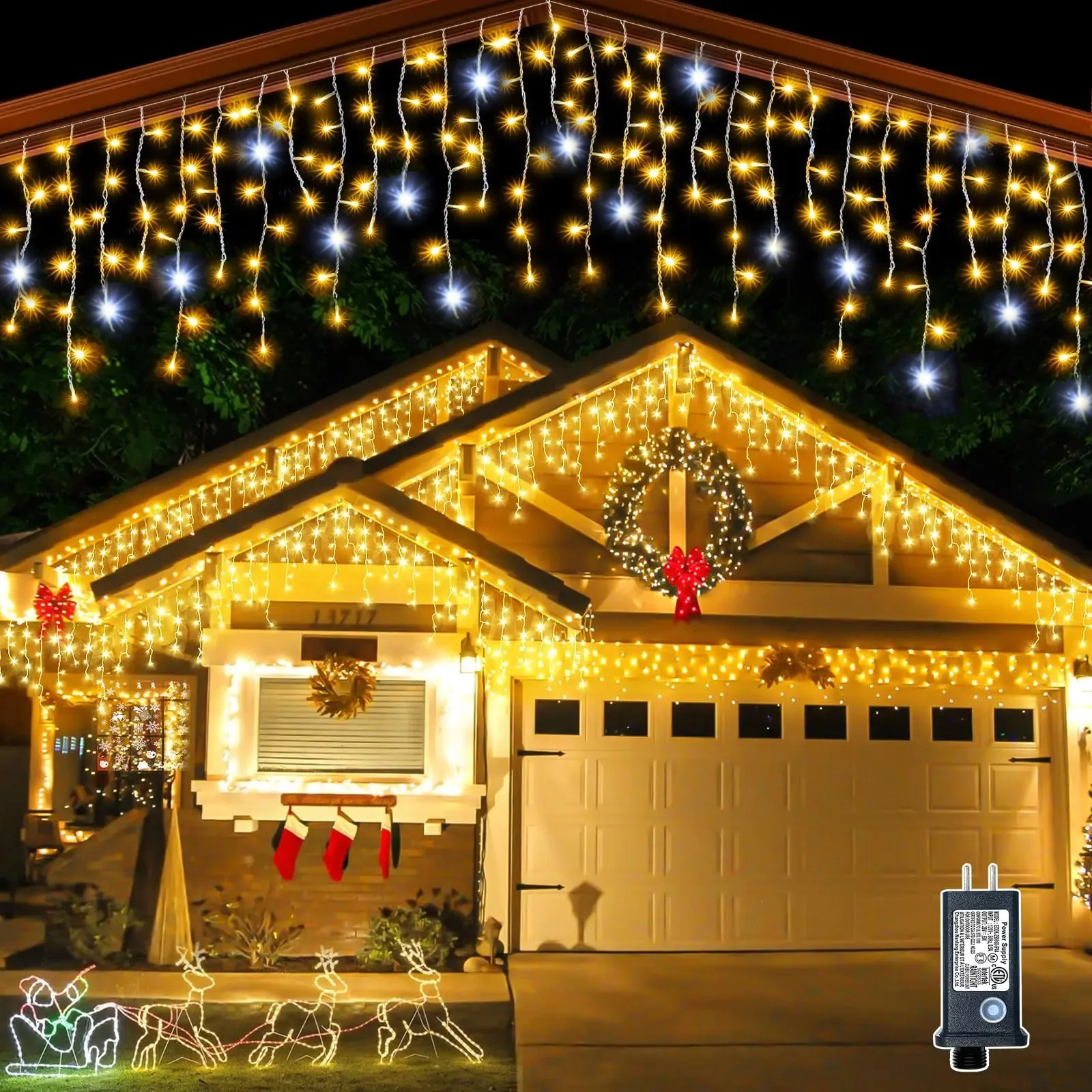 thumbnail image 1 of Cortina de luces LED con forma de carámbano para decoración navideña 2025 (blanco cálido + luz estroboscópica blanca fría) 4 m (ancho) x 0,4/0,5/0,6 m (alto) Enchufe de EE. UU./UE Nuevo Y, 1 of 5