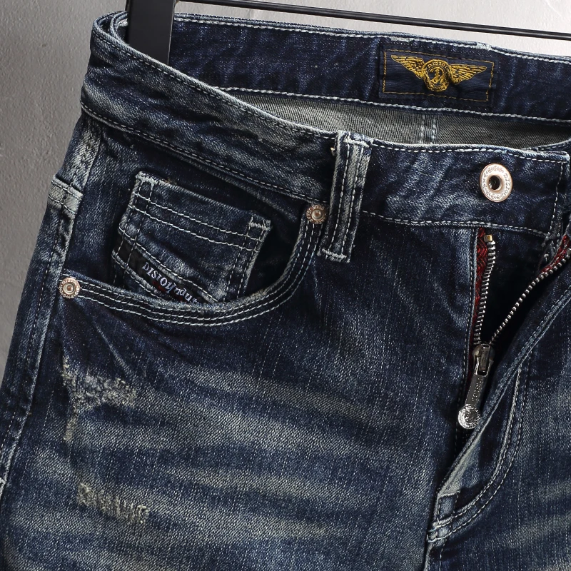 Newly Designer Men Jeans High Quality Retro Washed Blue Elastic Slim Fit Ripped Jeans Men Cotton Trousers Vintage Denim Pants