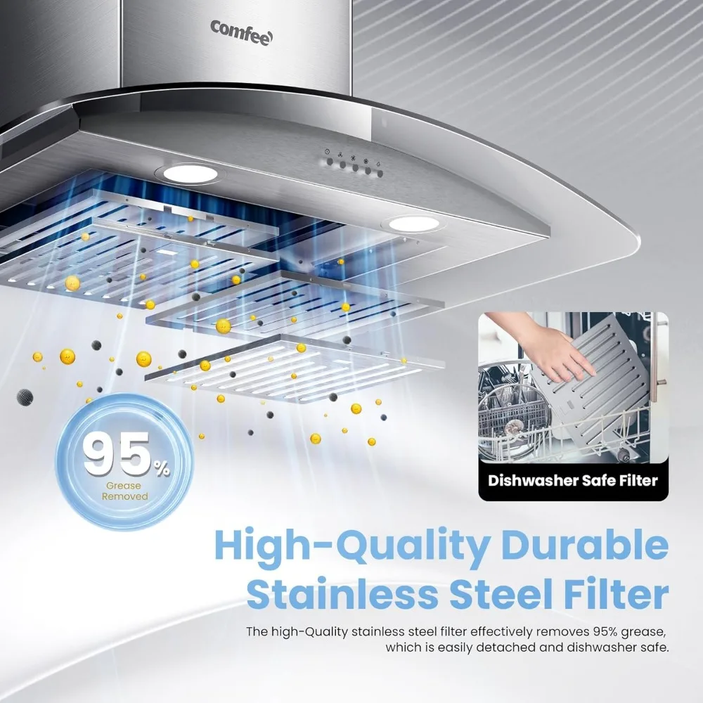 CVG30W8AST 30 Inches Ducted Wall Mount Vent Range Hood with 450 CFM 3 Speed Exhaust Fan, Baffle Filters, Curved Glass