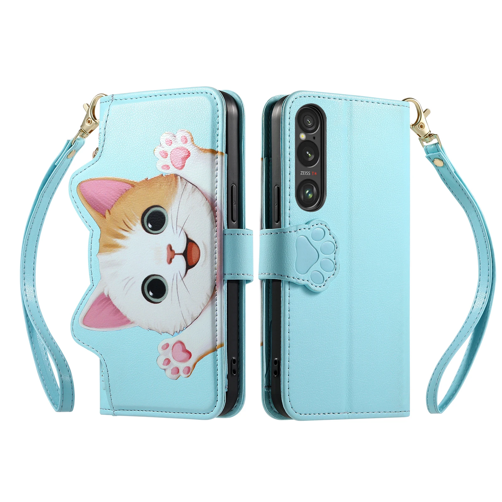 Cat Pattern Crossbody Leather Wallet Case with Stand and Strap