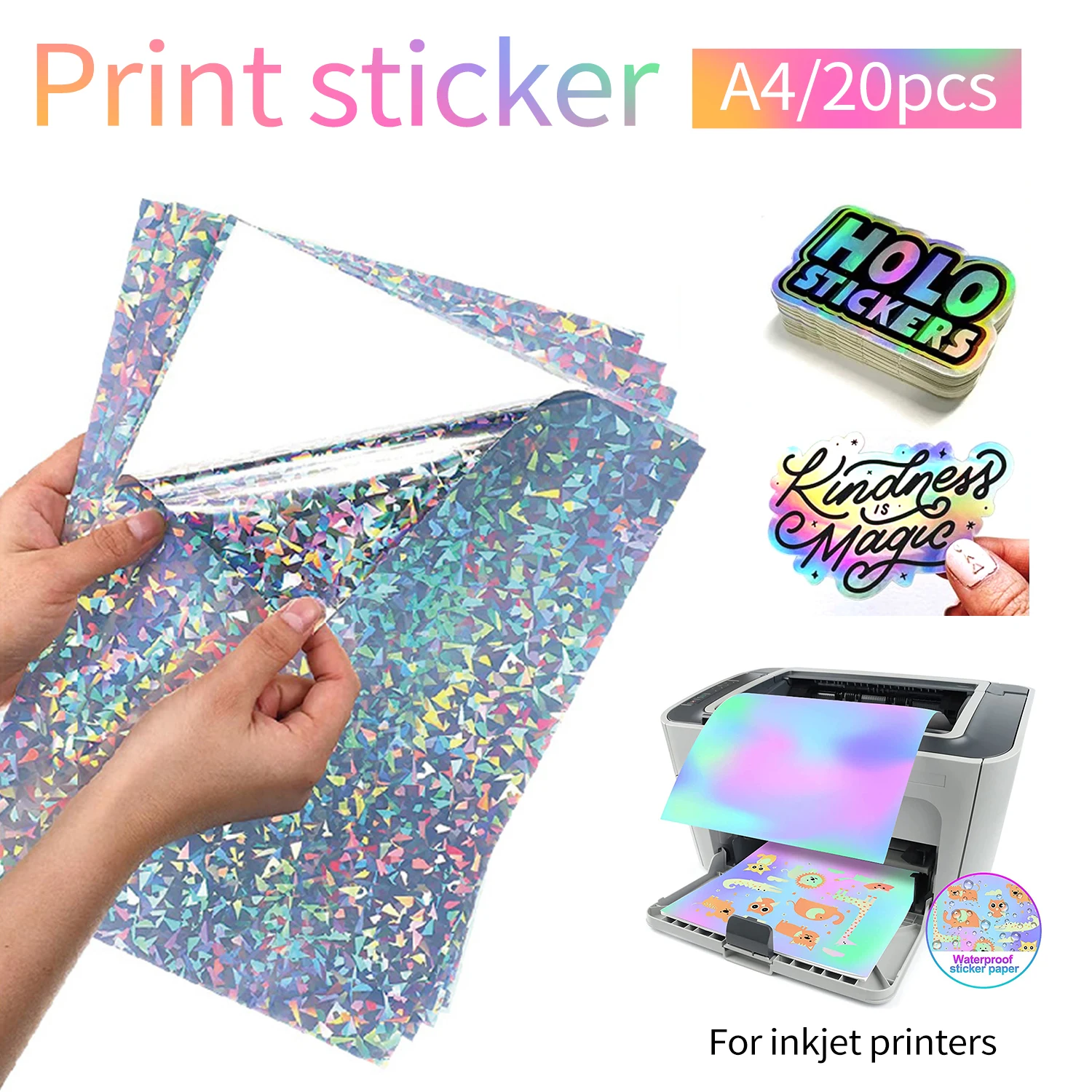 10/20/30/40/50/100 Sheets Holographic Sticker A4 Printable Vinyl Sticker  Paper Waterproof Self-adhesive Rainbow InkJet Printer - AliExpress