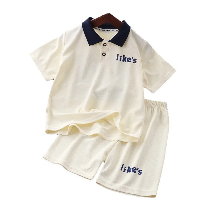 Summer Korean Children Boys 2PCS Clothes Set Waffle Letter Short Sleeve Polo T-shirts Loose Shorts Suit Teenager Boys Outfits