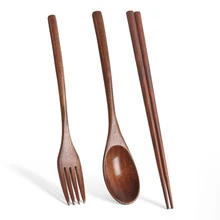 

3Pcs Natural Wood Spoon Chopsticks And Fork Dinner Set Rice Soup Kids and Adults Tableware Grain Handmade Household Tableware