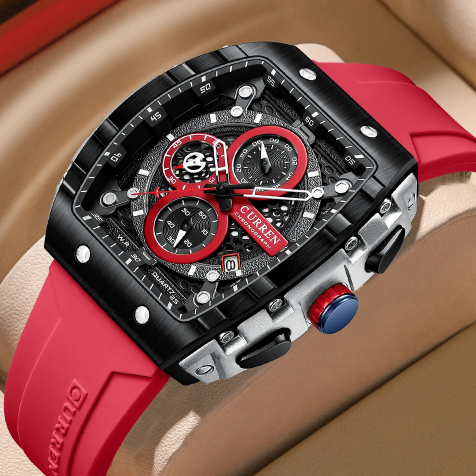 

CURREN Square Quartz Wristwatches Silicone Straps Men's Watches With Auto Date Casual Chronograph Waterproof Luminous Clock Mal