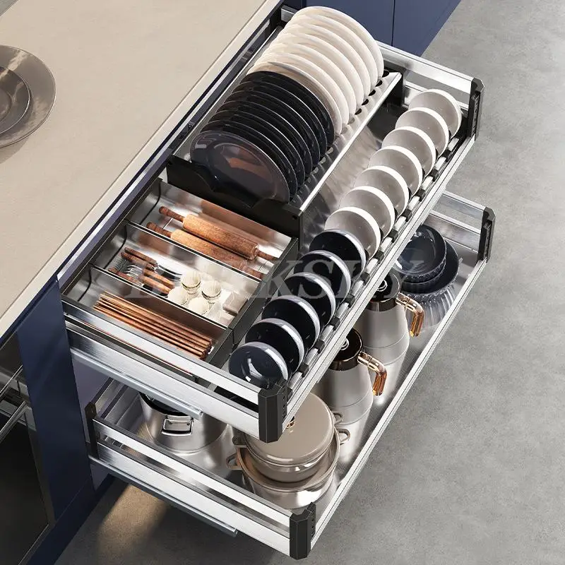 Pulling Kitchen Cabinet Basket Two-layer drawer-type Aluminum Alloy Deepening Cabinet With Bowls Chopsticks Dishe Storage Basket