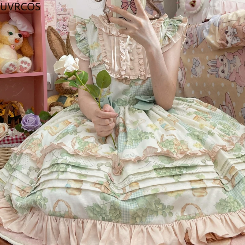 Lolita Dress Lolita Cosplay Costumes Japanese Kawaii Lolita Jsk Dress Women Victorian Retro Ruffle Grape Print Bandage Bow Trailing Princess Dresses Party Mini Dress