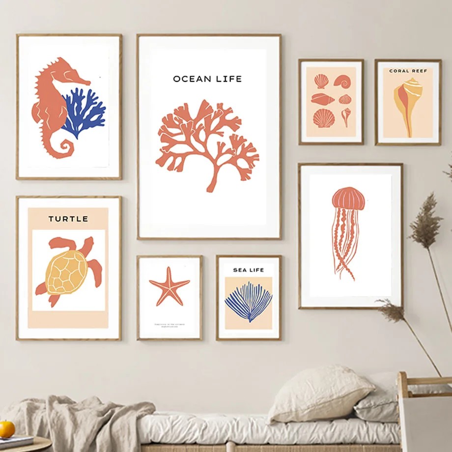 

Abstract Ocean Life Coral Conch Turtle Starfish Boho Poster Nordic Wall Art Print Canvas Painting Pictures For Bedroom Decor
