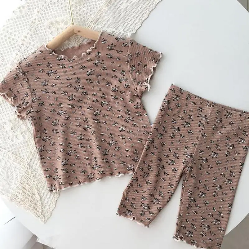 Kids Clothing Set Girls Clothing Set Nightgown Floral Suit Baby Full Printed T-shirts Summer 2pcs Toddler Girls Trendy Short Sleeve Pajamas Set Home Wear