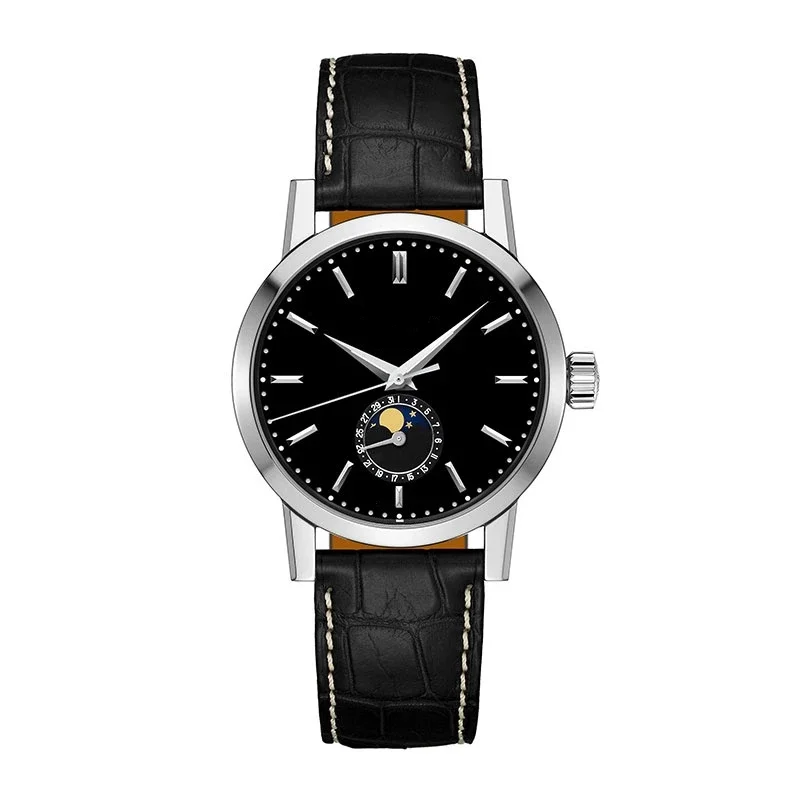 

Роскошные новые механические мужские автоматические часы Moon Phase Black с кожаным ремешком