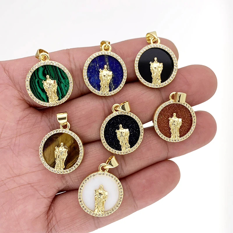 

CZ Jewelry Natural Stone Accessories Religion Round Jesus Pendant Charms Amulet Copper Gold Plated For Necklace