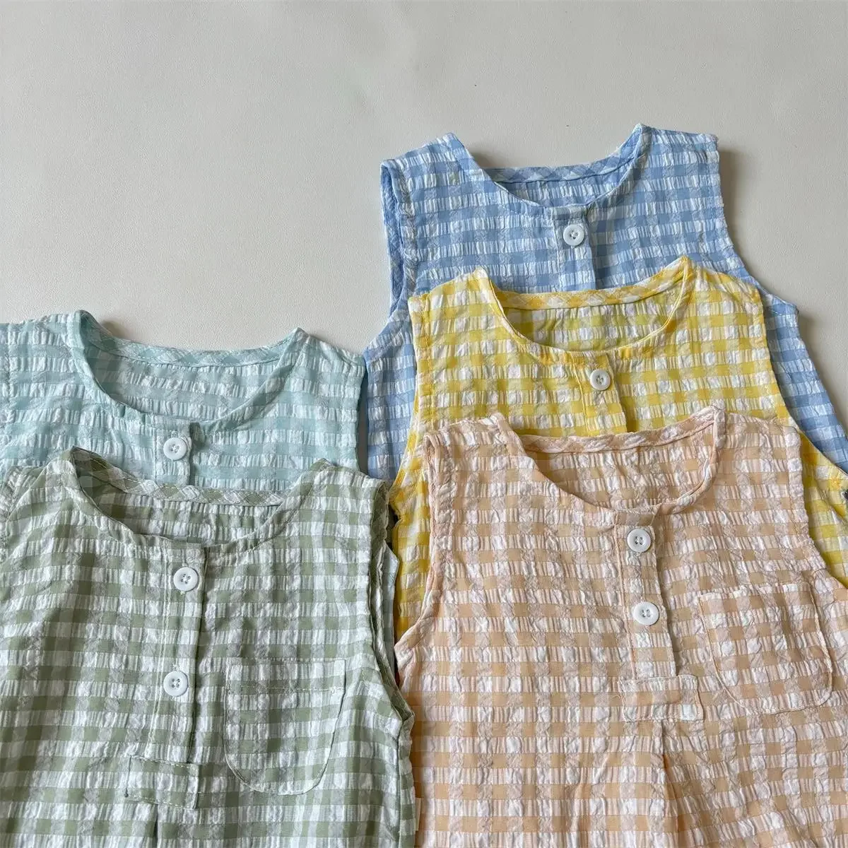 Lightweight Sleeveless Romper Baby Boys Girls Summer Outfit Cotton Plaid Triangle Bib Overalls Crawling Clothes for Babies